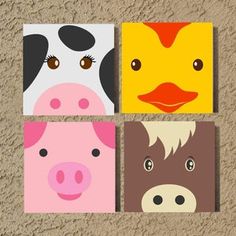 four farm animals are shown in three different color scheme, each with an animal's face