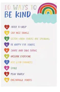 a rainbow poster with the words, 10 ways to be kind and an image of a rainbow