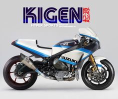 a white and blue motorcycle parked on top of a gray background with the words kigen hyper sports written above it