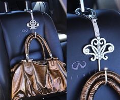 two pictures of purses hanging from the back of a car seat