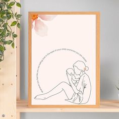 a drawing of a woman sitting on top of a shelf next to a potted plant