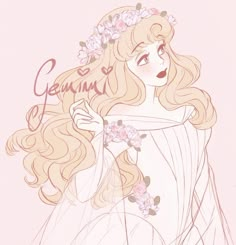 a drawing of a woman with long blonde hair and flowers in her hair, wearing a white dress