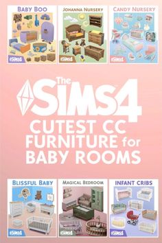 an advertisement for the baby nursery furniture and toys line up against a pink background with white lettering