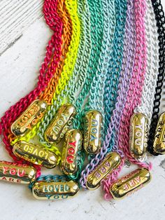 https://s3.commentsold.com/rush/products/WJZHXhU8bWBRBkPXmHGiwd2zEmZCgsBEHNgKhjR8.jpg Enamel Necklaces, You Are Loved, Green Necklace, Tiffany Blue, Birthday Bash, Neon Yellow, Link Chain, Silver Plate, Lilac