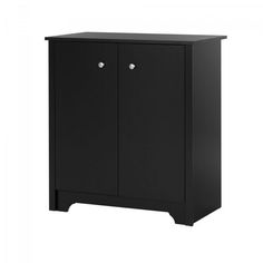 a black cabinet with two doors and one drawer