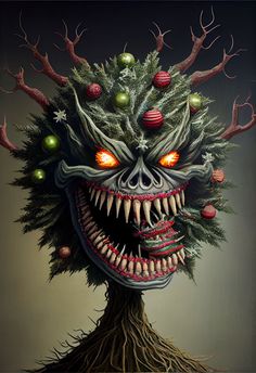 an image of a creepy creature with christmas decorations on his head and eyes, as if it were from the movie