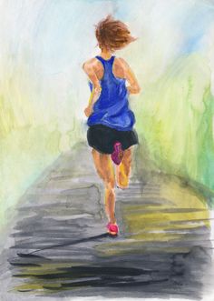 a drawing of a woman running down a road