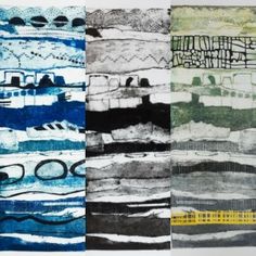 four different colored papers with black and white images on them, each containing an abstract painting