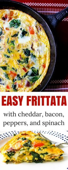 an easy frittata with cheddar, bacon, peppers and spinach