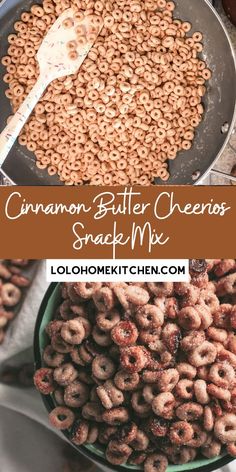 cinnamon butter cheetos snack mix in a bowl next to a spoon and other snacks