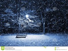 a park bench in the middle of a snowy night