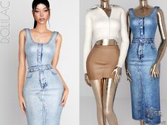 two mannequins dressed in denim dresses with gold metallic accents and white tops