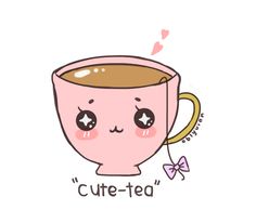 a pink coffee cup with the words cute - tea on it and a bow around its neck