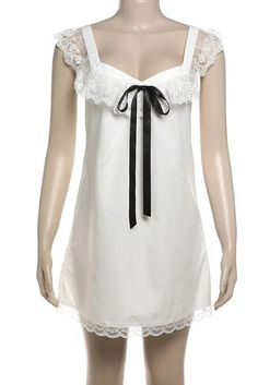 Embrace effortless charm with our Lace V-Neck Backless Bows Suspender Mini Dress. Featuring a flattering V-neckline and delicate spaghetti straps, this dress exudes a blend of elegance and allure. Details: Elasticity: Slight Stretch Fabric Type: POLYESTER Silhouette: STRAIGHT Neckline: V-Neck Material: POLYESTER Material: SPANDEX Size (IN) Bust Length S 34.65 33.07 M 36.22 33.86 L 37.80 34.65 White V-neck Slip Dress With Delicate Straps, Feminine V-neck Mini Dress With Delicate Straps, Elegant Slip Dress With Straps For Brunch, Elegant Lace Mini Dress With Straps, Coquette Summer Party Slip Dress, Summer Slip Dress With Lace Trim And Sweetheart Neckline, White V-neck Slip Dress With Adjustable Straps, Coquette Slip Dress For Spring Party, Elegant Slip Dress With Sweetheart Neckline For Daywear