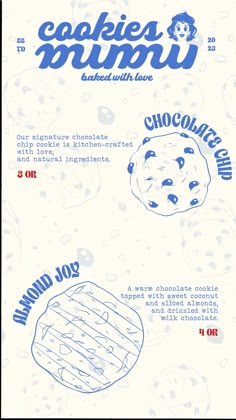 the menu for cookies and muffins is shown in blue ink on white paper