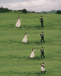 the bride and groom are playing in the field