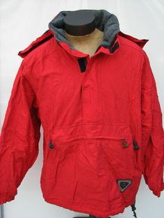 Measure approximately: 32.0" from top of collar to bottom 25.0" sleeves 22.25" shoulders 28.0" from pit to pit From a smoke-free environment. Will discount shipping for multiple items won.  Check out other items currently listed. Will ship within 48 hours of payment received. Good luck! Functional Red Hooded Jacket With Adjustable Hood, Red Functional Long Sleeve Hooded Jacket, Red Outdoor Hooded Jacket With Adjustable Hood, Functional Red Hoodie For Winter, Functional Red Winter Hoodie, Red Hooded Jacket For Outdoor Activities, Hooded Red Sport Coat For Winter, Red Hooded Sport Coat For Winter, Red Outdoor Sport Coat With Pockets