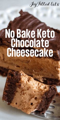 no bake keto chocolate cheesecake on a white plate with a fork and text overlay