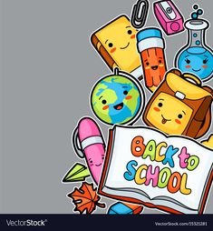 back to school background with books and other items in the shape of a cartoon character