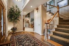 an entry way with stairs, rug and potted plant on the floor in front of it