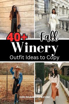 four pictures with the words 40 + fall winery outfit ideas to copy on them, including dresses and hats