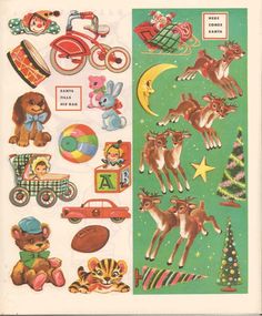 an old children's christmas sticker sheet with animals, deers and cars