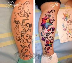 two pictures of tattoos on the legs and one with an arrow, stars and swirls