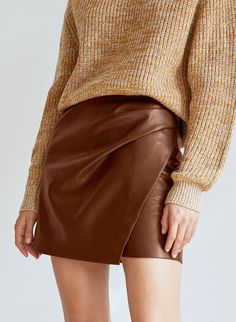 Mini Leather Skirt, Corporate Casual, Linen Wrap Skirt, Mini Skirt Style, Mini Wrap Skirt, Faux Wrap Skirt, Twirl Skirt, Cognac Color, Faux Leather Mini Skirt