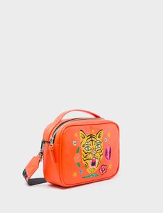 Designer Embroidered Shoulder Bag For Travel, Luxury Embroidered Crossbody Bag, Embroidered Rectangular Bag For On-the-go, Rectangular Embroidered Bag For On-the-go, Embroidered Top Handle Travel Bag, Embroidered Top Handle Shoulder Bag For Travel, Tiger And Flowers, Orange Embroidery, Leather Monogram