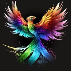 the colorful bird is flying with its wings spread out and it's colors appear to be multicolored