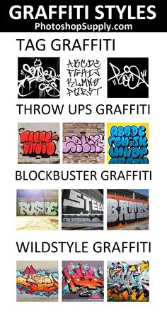 graffiti styles are displayed on the wall and below them is an image of various types of graffiti