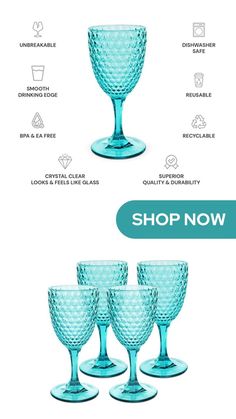 four blue wine glasses sitting on top of each other with the words, shop now