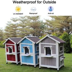 three different colored dog houses sitting in the grass with text overlay that reads, weatherproof for outside