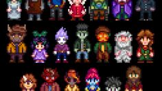 an image of pixel style characters in different colors and sizes, all with different expressions