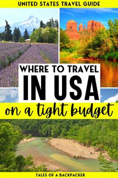 the cover of where to travel in usa on a tight budget, with images of lavender fields and mountains