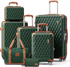 Melalenia Luggage Sets 7 Piece Suitcase Set, Hard Shell Carry on Luggage Travel Suitcases with Spinner Wheels and TSA Lock, Lightweight Luggage Set for Women, Green Brown Travel Suitcases, Mini Suitcase, Travel Luggage Set, Cruise Essentials, Hardside Spinner Luggage, Lightweight Luggage, Checked Luggage, Side Stand