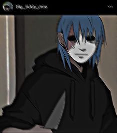 an anime character with blue hair wearing a black hoodie and holding a knife in his hand