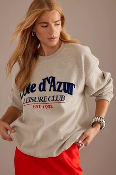 Cote d'Azur Crew Neck Sweatshirt | Anthropologie UK Anthropologie Uk, Hoodies For Women, Carters Girl, Striped Sweatshirts, Embroidery On Clothes, Half Zip Sweatshirt, Sweatshirts And Hoodies, Tie Dye Sweatshirt, Yoga Shirts