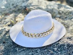 New to the shop! THIS IS NOT SOLD AS A SET 💓 Gold chain is plastic material Custom Straw hats are the perfect accessory for Spring and Summer. Follow us in Instagram: @kyboutique4 SHARE YOUR PICTURES IN INSTAGRAM #kyboutique4 Website: Visit un also on the web www.kyboutique4.com Please make sure to read my Shipping Terms & Conditions Information prior to making a purchase. https://www.etsy.com/shop/Kyboutique4/policy Gold Flat Brim Hat Bands For Summer, Gold Hat Bands With Flat Brim For Summer, Elegant Gold Sun Hat For Vacation, Elegant Gold Hat Band For Beach, Gold Panama Fedora Hat With Adjustable Fit, Gold Adjustable Fedora Panama Hat, Adjustable Gold Fedora Panama Hat, Gold Flat Brim Hat For The Beach, Gold Short Brim Panama Hat For Summer