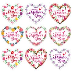 six heart shaped mother's day stickers with flowers and hearts in the center