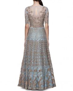 Powder Blue Gotta Patti Gown Gotta Patti Lehenga, Powder Blue Gown, Sharara Saree, Indowestern Gowns, Metal Embroidery, Reception Gowns, Indo Western Gown, Gota Patti Work, Fusion Wear