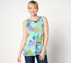 Sunny summer days call for cool and carefree clothing, like this pretty printed tank top. Covered in a fabulous floral design, it's the piece you'll keep coming back to throughout the season. From LOGO by Lori Goldstein®. Lori Goldstein, Knit Tank Top, Knit Tank, Knitted Tank Top, Knit Tanks, Summer Days, Sunnies, Floral Design, Top Blouse