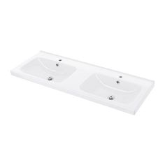 a white bathroom sink with two faucets on the top and one in the middle