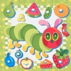 the very hungry caterpillar is surrounded by fruits and other things that include donuts