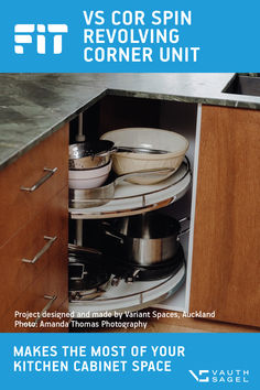 a kitchen cabinet with pots and pans in it