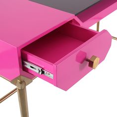 a pink desk with two drawers on each side and one drawer open to show the contents