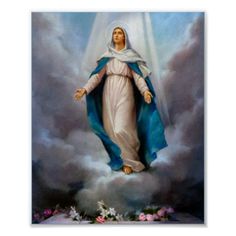 an image of the immaculate mary in the clouds with flowers around her and blue shawl