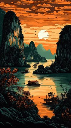 an image of a sunset scene with boats on the water and mountains in the background