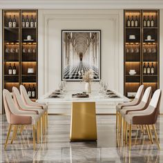 an elegant dining room with marble flooring and gold accents, along with white walls