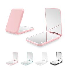 three mirrors with different colors and shapes on them, one is pink, the other is blue